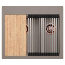 HD Aspen Tortora 58 kétmedencés gránit mosogatótálca szett, vágódeszkával, acél csepegtetőráccsal, tortora színben, szálcsiszolt réz leeresztő szifonnal