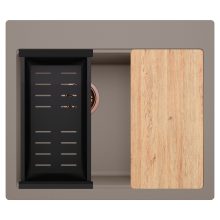 HD Aspen Tortora 58 kétmedencés gránit mosogatótálca szett, vágódeszkával, matt fekete csepegtetőkosárral, tortora színben, szálcsiszolt réz leeresztő szifonnal