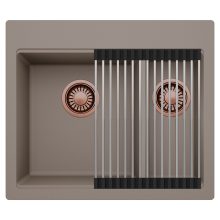 HD Aspen Tortora 58 kétmedencés gránit mosogatótálca szett, acél csepegtetőráccsal, tortora színben, szálcsiszolt réz leeresztő szifonnal