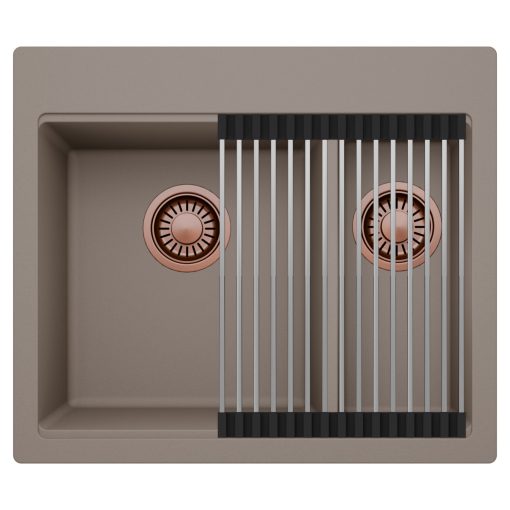 HD Aspen Tortora 58 kétmedencés gránit mosogatótálca szett, acél csepegtetőráccsal, tortora színben, szálcsiszolt réz leeresztő szifonnal