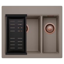 HD Aspen Tortora 58 kétmedencés gránit mosogatótálca szett, matt fekete csepegtetőkosárral, tortora színben, szálcsiszolt réz leeresztő szifonnal