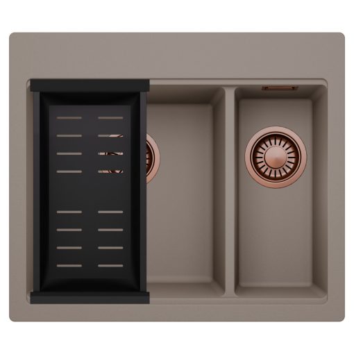 HD Aspen Tortora 58 kétmedencés gránit mosogatótálca szett, matt fekete csepegtetőkosárral, tortora színben, szálcsiszolt réz leeresztő szifonnal