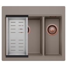 HD Aspen Tortora 58 kétmedencés gránit mosogatótálca szett, acél csepegtetőkosárral, tortora színben, szálcsiszolt réz leeresztő szifonnal