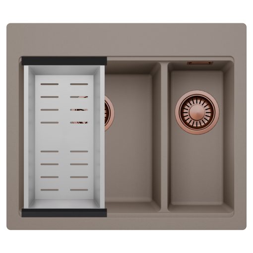 HD Aspen Tortora 58 kétmedencés gránit mosogatótálca szett, acél csepegtetőkosárral, tortora színben, szálcsiszolt réz leeresztő szifonnal