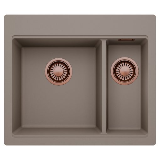 HD Aspen Tortora 58 kétmedencés gránit mosogatótálca, tortora színben, szálcsiszolt réz leeresztő szifonnal