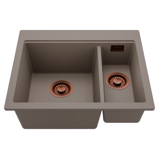 HD Aspen Tortora 58 kétmedencés gránit mosogatótálca, tortora színben, szálcsiszolt réz leeresztő szifonnal