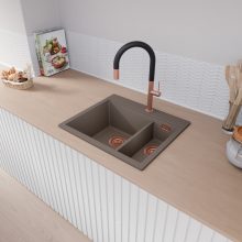 HD Aspen Tortora 58 kétmedencés gránit mosogatótálca, tortora színben, szálcsiszolt réz leeresztő szifonnal