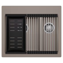 HD Aspen Tortora 58 kétmedencés gránit mosogatótálca szett, acél csepegtetőráccsal és matt fekete kosárral, tortora színben