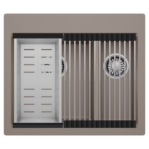 HD Aspen Tortora 58 kétmedencés gránit mosogatótálca szett, acél csepegtetőráccsal és kosárral, tortora színben
