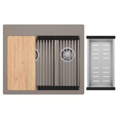   HD Aspen Tortora 58 kétmedencés gránit mosogatótálca szett, vágódeszkával, acél csepegtetőráccsal és kosárral, tortora színben