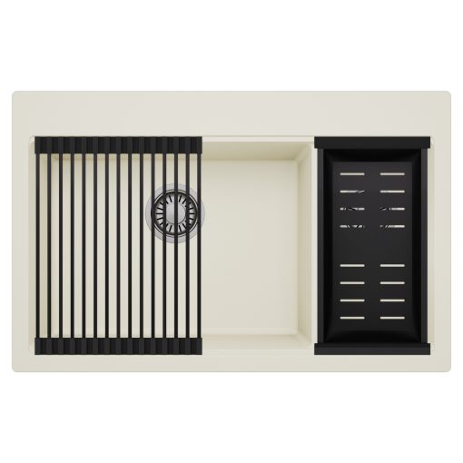 HD Aspen White 78 kétmedencés gránit mosogatótálca szett, matt fekete csepegtetőráccsal és kosárral, tört fehér színben, szálcsiszolt króm leeresztő szifonnal