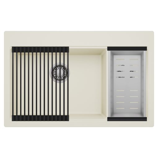 HD Aspen White 78 kétmedencés gránit mosogatótálca szett, matt fekete csepegtetőráccsal és krómozott kosárral, tört fehér színben, szálcsiszolt króm leeresztő szifonnal