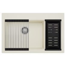 HD Aspen White 78 kétmedencés gránit mosogatótálca szett, acél csepegtetőráccsal és matt fekete kosárral, tört fehér színben, szálcsiszolt króm leeresztő szifonnal