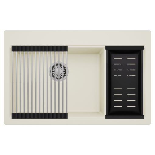 HD Aspen White 78 kétmedencés gránit mosogatótálca szett, acél csepegtetőráccsal és matt fekete kosárral, tört fehér színben, szálcsiszolt króm leeresztő szifonnal