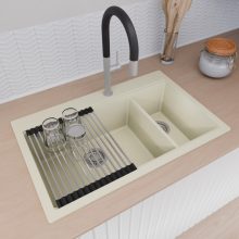 HD Aspen White 78 kétmedencés gránit mosogatótálca szett, acél csepegtetőráccsal és matt fekete kosárral, tört fehér színben, szálcsiszolt króm leeresztő szifonnal