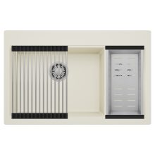 HD Aspen White 78 kétmedencés gránit mosogatótálca szett, acél csepegtetőráccsal és kosárral, tört fehér színben, szálcsiszolt króm leeresztő szifonnal