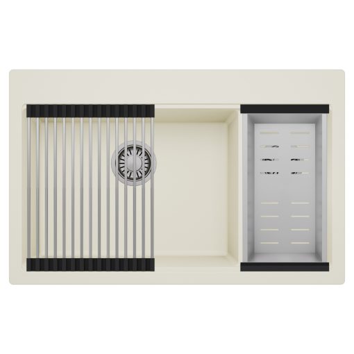 HD Aspen White 78 kétmedencés gránit mosogatótálca szett, acél csepegtetőráccsal és kosárral, tört fehér színben, szálcsiszolt króm leeresztő szifonnal