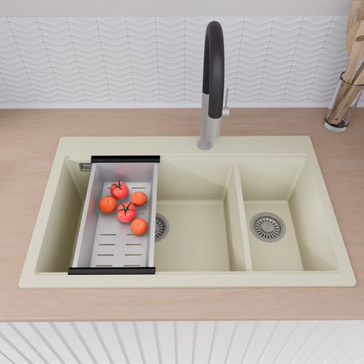 HD Aspen White 78 kétmedencés gránit mosogatótálca szett, acél csepegtetőráccsal és kosárral, tört fehér színben, szálcsiszolt króm leeresztő szifonnal