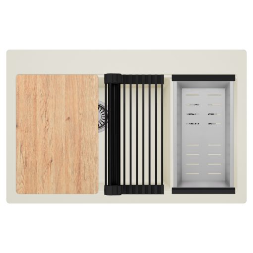 HD Aspen White 78 kétmedencés gránit mosogatótálca szett, vágódeszkával, matt fekete csepegtetőráccsal és krómozott kosárral, tört fehér színben, szálcsiszolt króm leeresztő szifonnal