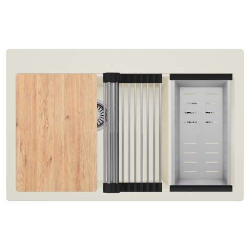 HD Aspen White 78 kétmedencés gránit mosogatótálca szett, vágódeszkával, acél csepegtetőráccsal és kosárral, tört fehér színben, szálcsiszolt króm leeresztő szifonnal