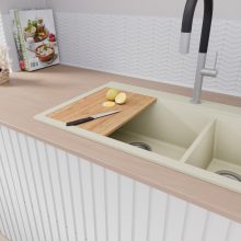 HD Aspen White 78 kétmedencés gránit mosogatótálca szett, vágódeszkával, acél csepegtetőráccsal, tört fehér színben, szálcsiszolt króm leeresztő szifonnal