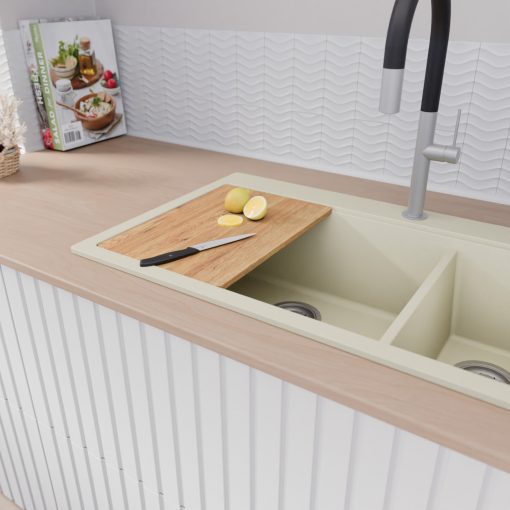 HD Aspen White 78 kétmedencés gránit mosogatótálca szett, vágódeszkával, matt fekete csepegtetőkosárral, tört fehér színben, szálcsiszolt króm leeresztő szifonnal