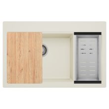 HD Aspen White 78 kétmedencés gránit mosogatótálca szett, vágódeszkával, acél csepegtetőkosárral, tört fehér színben, szálcsiszolt króm leeresztő szifonnal