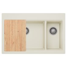 HD Aspen White 78 kétmedencés gránit mosogatótálca, vágódeszkával, tört fehér színben, szálcsiszolt króm leeresztő szifonnal