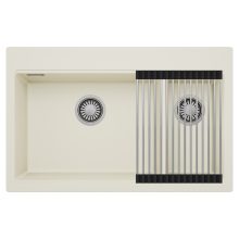 HD Aspen White 78 kétmedencés gránit mosogatótálca szett, acél csepegtetőráccsal, tört fehér színben, szálcsiszolt króm leeresztő szifonnal