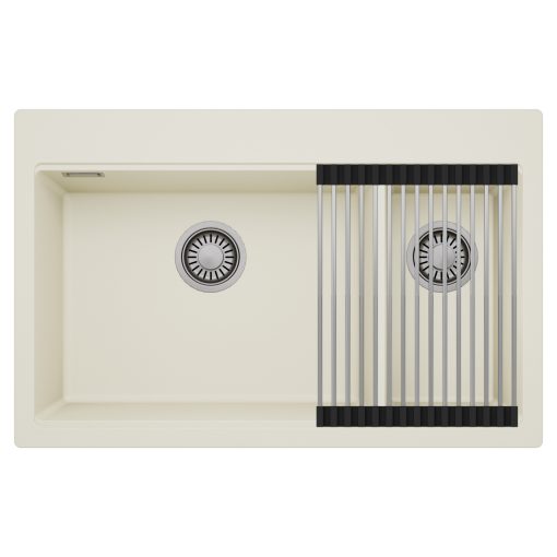 HD Aspen White 78 kétmedencés gránit mosogatótálca szett, acél csepegtetőráccsal, tört fehér színben, szálcsiszolt króm leeresztő szifonnal