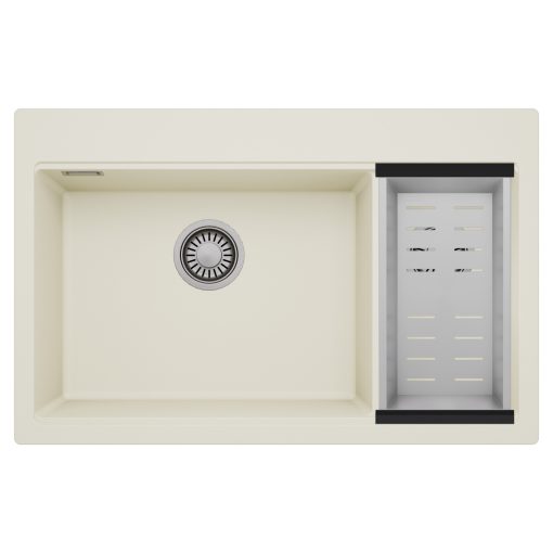 HD Aspen White 78 kétmedencés gránit mosogatótálca szett, acél csepegtetőkosárral, tört fehér színben, szálcsiszolt króm leeresztő szifonnal