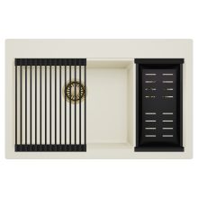 HD Aspen White 78 kétmedencés gránit mosogatótálca szett, matt fekete csepegtetőráccsal és kosárral, tört fehér színben, szálcsiszolt arany leeresztő szifonnal