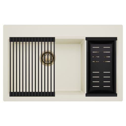 HD Aspen White 78 kétmedencés gránit mosogatótálca szett, matt fekete csepegtetőráccsal és kosárral, tört fehér színben, szálcsiszolt arany leeresztő szifonnal