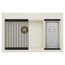 HD Aspen White 78 kétmedencés gránit mosogatótálca szett, matt fekete csepegtetőráccsal és krómozott kosárral, tört fehér színben, szálcsiszolt arany leeresztő szifonnal