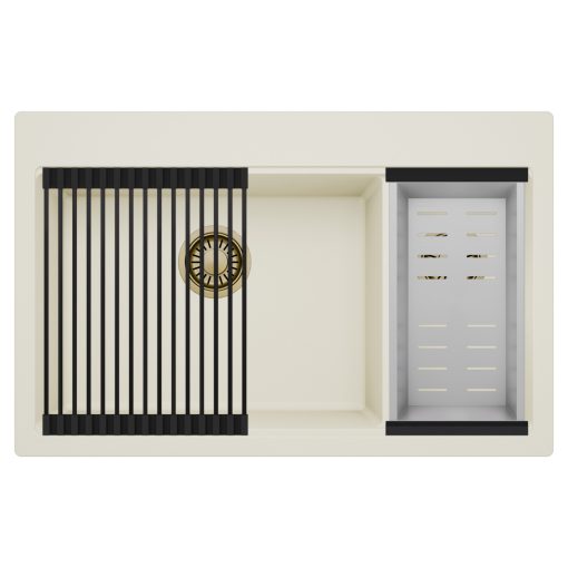 HD Aspen White 78 kétmedencés gránit mosogatótálca szett, matt fekete csepegtetőráccsal és krómozott kosárral, tört fehér színben, szálcsiszolt arany leeresztő szifonnal