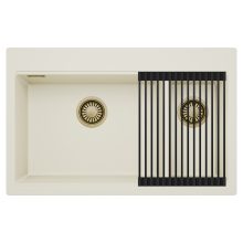 HD Aspen White 78 kétmedencés gránit mosogatótálca szett, matt fekete csepegtetőráccsal, tört fehér színben, szálcsiszolt arany leeresztő szifonnal