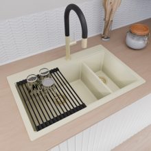 HD Aspen White 78 kétmedencés gránit mosogatótálca szett, matt fekete csepegtetőráccsal, tört fehér színben, szálcsiszolt arany leeresztő szifonnal