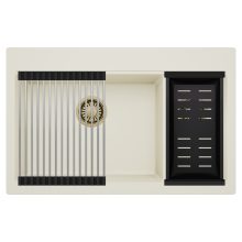 HD Aspen White 78 kétmedencés gránit mosogatótálca szett, acél csepegtetőráccsal és matt fekete kosárral, tört fehér színben, szálcsiszolt arany leeresztő szifonnal