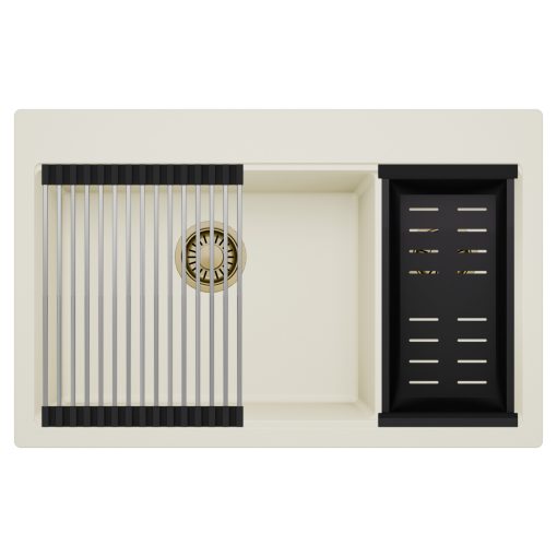 HD Aspen White 78 kétmedencés gránit mosogatótálca szett, acél csepegtetőráccsal és matt fekete kosárral, tört fehér színben, szálcsiszolt arany leeresztő szifonnal