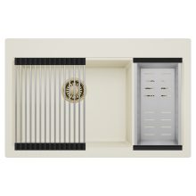 HD Aspen White 78 kétmedencés gránit mosogatótálca szett, acél csepegtetőráccsal és kosárral, tört fehér színben, szálcsiszolt arany leeresztő szifonnal