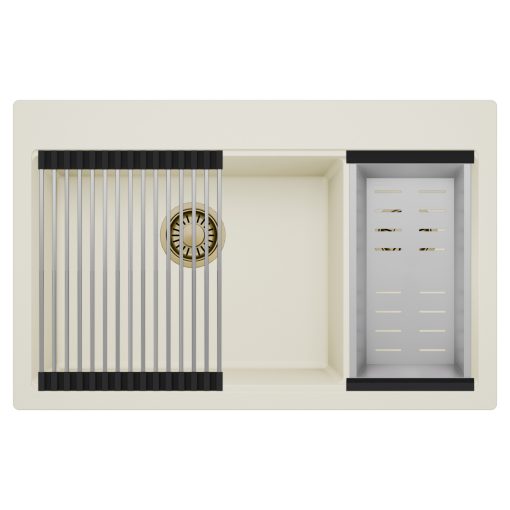 HD Aspen White 78 kétmedencés gránit mosogatótálca szett, acél csepegtetőráccsal és kosárral, tört fehér színben, szálcsiszolt arany leeresztő szifonnal