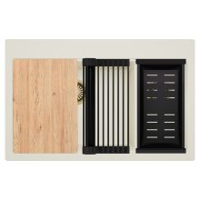 HD Aspen White 78 kétmedencés gránit mosogatótálca szett, vágódeszkával, vágódeszkával, matt fekete csepegtetőráccsal és kosárral, tört fehér színben, szálcsiszolt arany leeresztő szifonnal