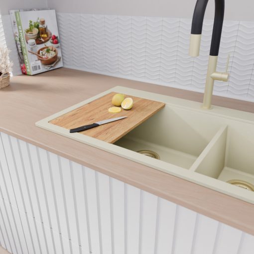 HD Aspen White 78 kétmedencés gránit mosogatótálca szett, vágódeszkával, vágódeszkával, matt fekete csepegtetőráccsal és kosárral, tört fehér színben, szálcsiszolt arany leeresztő szifonnal