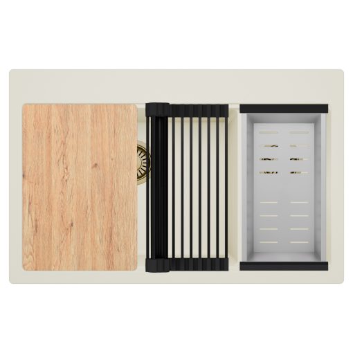 HD Aspen White 78 kétmedencés gránit mosogatótálca szett, vágódeszkával, vágódeszkával, matt fekete csepegtetőráccsal és krómozott kosárral, tört fehér színben, szálcsiszolt arany leeresztő szifonnal