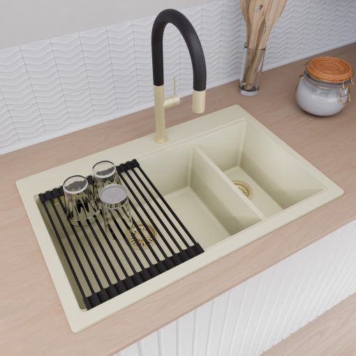 HD Aspen White 78 kétmedencés gránit mosogatótálca szett, vágódeszkával, vágódeszkával, matt fekete csepegtetőráccsal és krómozott kosárral, tört fehér színben, szálcsiszolt arany leeresztő szifonnal