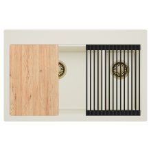 HD Aspen White 78 kétmedencés gránit mosogatótálca szett, vágódeszkával, matt fekete csepegtetőráccsal, tört fehér színben, szálcsiszolt arany leeresztő szifonnal