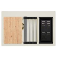 HD Aspen White 78 kétmedencés gránit mosogatótálca szett, vágódeszkával, acél csepegtetőráccsal és matt fekete kosárral, tört fehér színben, szálcsiszolt arany leeresztő szifonnal