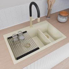 HD Aspen White 78 kétmedencés gránit mosogatótálca szett, vágódeszkával, acél csepegtetőráccsal és matt fekete kosárral, tört fehér színben, szálcsiszolt arany leeresztő szifonnal