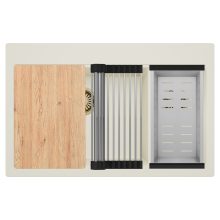 HD Aspen White 78 kétmedencés gránit mosogatótálca szett, vágódeszkával, acél csepegtetőráccsal és kosárral, tört fehér színben, szálcsiszolt arany leeresztő szifonnal