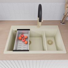 HD Aspen White 78 kétmedencés gránit mosogatótálca szett, vágódeszkával, acél csepegtetőráccsal és kosárral, tört fehér színben, szálcsiszolt arany leeresztő szifonnal